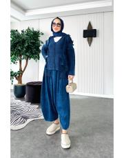 %100 pamuk püsküllü şalvarlı triko takım indigo 3