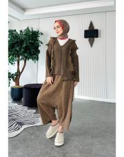 %100 pamuk püsküllü şalvarlı triko takım kahve