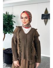 %100 pamuk püsküllü şalvarlı triko takım kahve 3