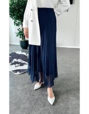 piliseli şifon taşlı etek lacivert