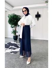 piliseli şifon taşlı etek lacivert 2