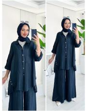 merry yan düğmeli ithal keten takım lacivert