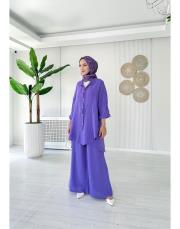 merry yan düğmeli ithal keten takım lila