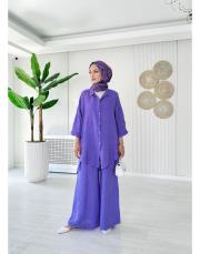 merry yan düğmeli ithal keten takım lila 3