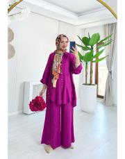 merry yan düğmeli ithal keten takım mürdüm