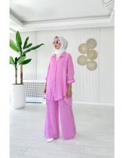 merry yan düğmeli ithal keten takım pembe