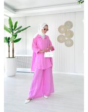 merry yan düğmeli ithal keten takım pembe 2