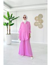 merry yan düğmeli ithal keten takım pembe 3