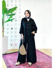 merry yan düğmeli ithal keten takım siyah