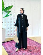 merry yan düğmeli ithal keten takım siyah 3