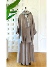 merry yan düğmeli ithal keten takım vizon