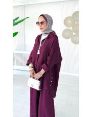 merry yan düğmeli ithal keten takım bordo