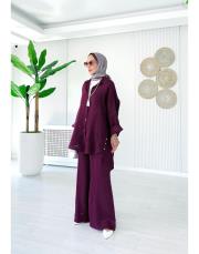 merry yan düğmeli ithal keten takım bordo 2