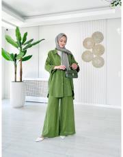 merry yan düğmeli ithal keten takım yeşil