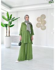 merry yan düğmeli ithal keten takım yeşil 3