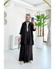 merry yan düğmeli ithal keten takım acı kahve