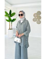 merry yan düğmeli ithal keten takım gri