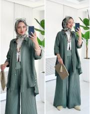 merry yan düğmeli ithal keten takım haki