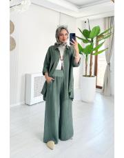 merry yan düğmeli ithal keten takım haki 2