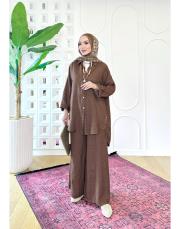 merry yan düğmeli ithal keten takım kahve