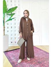 merry yan düğmeli ithal keten takım kahve 2