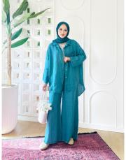 rosa ithal salaş keten takım petrol mavisi 3