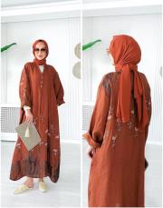 ithal kenya keten salaş çiçekli elbise kiremit