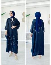 ithal kenya keten salaş çiçekli elbise lacivert