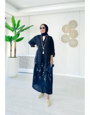 ithal kenya keten salaş çiçekli elbise lacivert 2