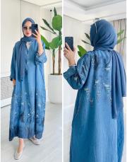 ithal kenya keten salaş çiçekli elbise mavi