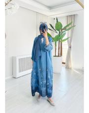 ithal kenya keten salaş çiçekli elbise mavi 2