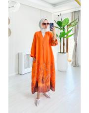 ithal kenya keten salaş çiçekli elbise turuncu