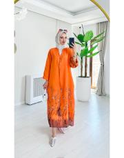 ithal kenya keten salaş çiçekli elbise turuncu 2