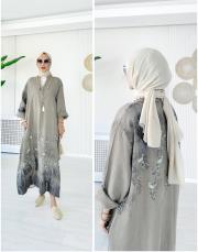 ithal kenya keten salaş çiçekli elbise vizon