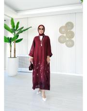 ithal kenya keten salaş çiçekli elbise bordo