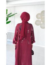 ithal kenya keten salaş çiçekli elbise bordo 2