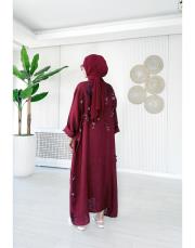 ithal kenya keten salaş çiçekli elbise bordo 3