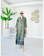 ithal kenya keten salaş çiçekli elbise haki