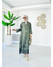 ithal kenya keten salaş çiçekli elbise haki 3