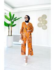 sarmaşık ithal keten gömlek elbise turuncu