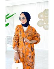 sarmaşık ithal keten gömlek elbise turuncu 2