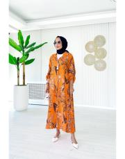 sarmaşık ithal keten gömlek elbise turuncu 3