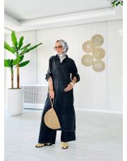 %100 pamuk kanguru cep elbise tunik siyah