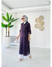 %100 pamuk kanguru cep elbise tunik koyu mor