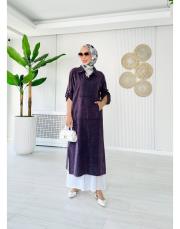 %100 pamuk kanguru cep elbise tunik koyu mor 2