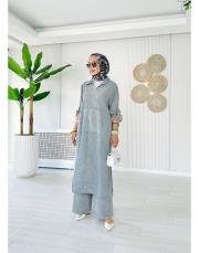 %100 pamuk kanguru cep elbise tunik gri