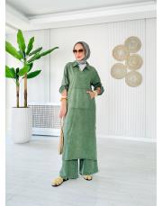 %100 pamuk kanguru cep elbise tunik haki