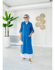 %100 pamuk kanguru cep elbise tunik indigo