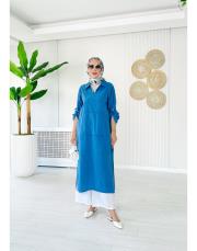 %100 pamuk kanguru cep elbise tunik indigo 2