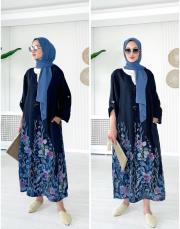 linda ithal tokalı keten elbise lacivert